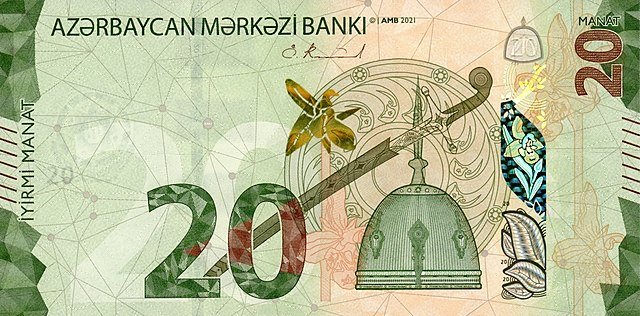 20 Manat banknote featuring the Khari-Bulbul in the center